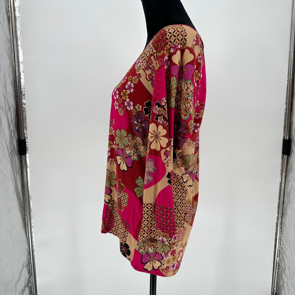 Johnny Was Yama Favorite 3/4 Sleeve V-Neck Swing Tee Floral Boho Pink Large - Picture 5 of 7